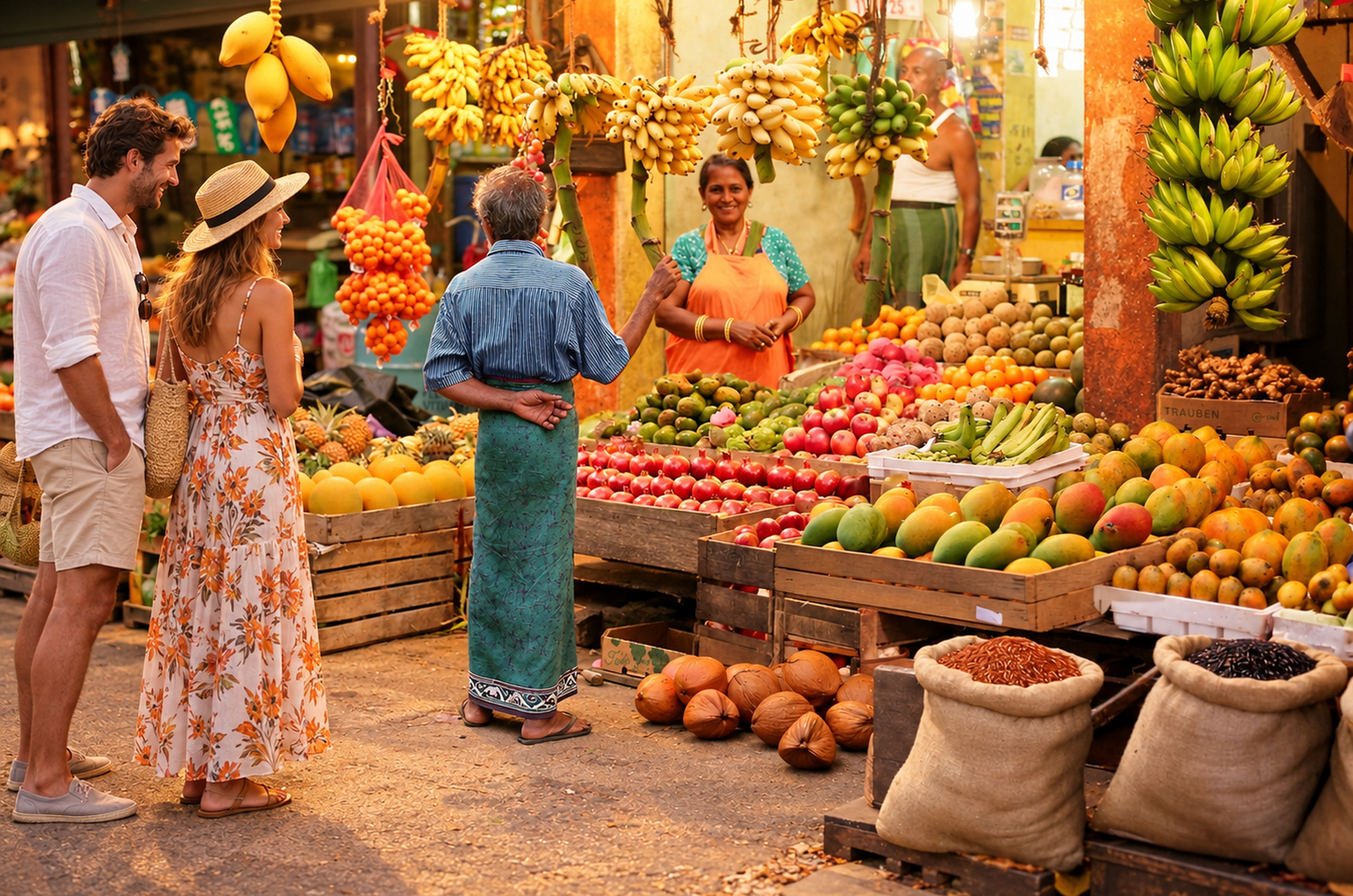Zwei Gäste an einem Obststand in Ambalangoda auf Sri Lanka.